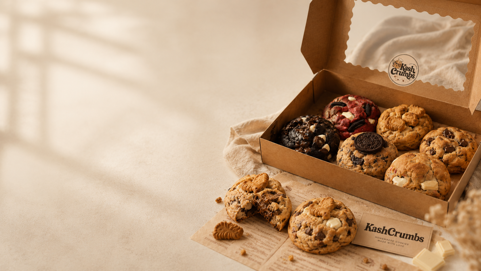 KashCrumbs cookie box surrounded by freshly baked cookies