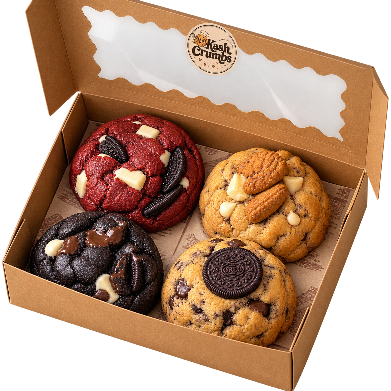 KashCrumbs box containing four assorted cookies