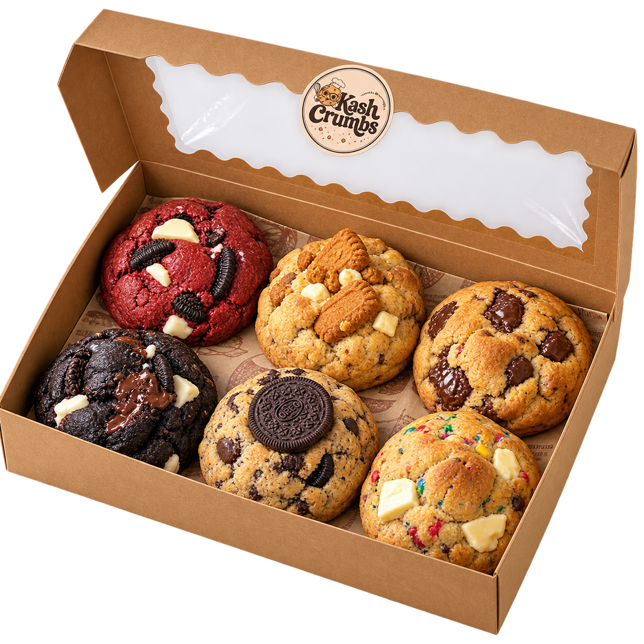 KashCrumbs box containing six assorted cookies