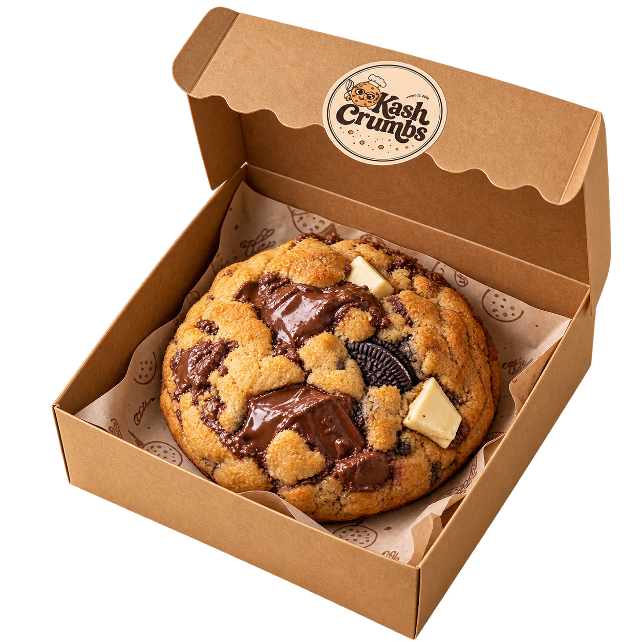 Single oversized KashCrumbs cookie in a branded bakery box